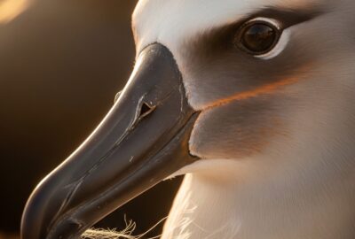 Wisdom the Laysan albatross nesting on Midway Atoll with her newly hatched chick
