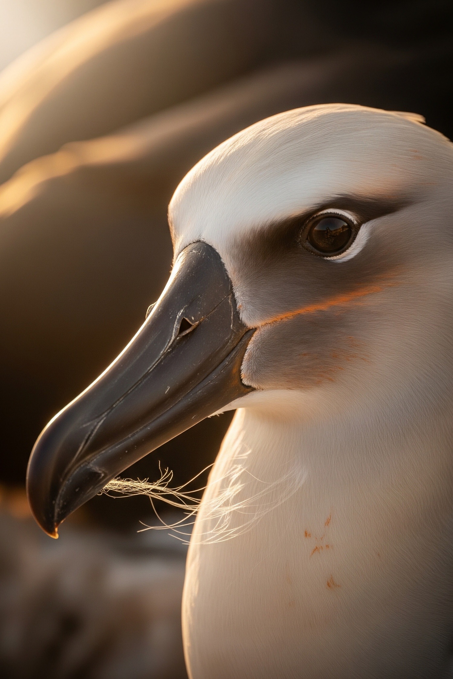 Wisdom the Laysan albatross nesting on Midway Atoll with her newly hatched chick