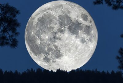 Massive Wolf Moon Supermoon rising low over a frost-covered winter forest at night