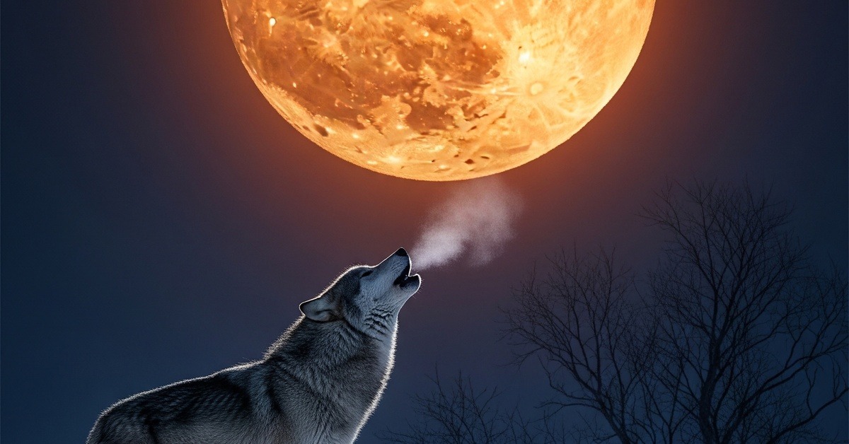 Lone wolf silhouetted against a glowing full Supermoon on a frozen winter landscape