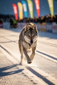A wolfdog sprinting across a snowy cross-country ski race course in the Italian Alps