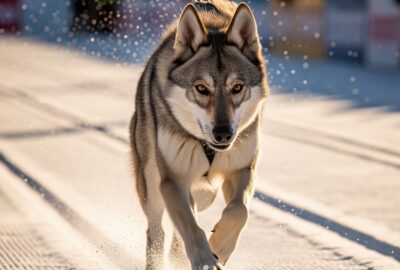 A wolfdog sprinting across a snowy cross-country ski race course in the Italian Alps