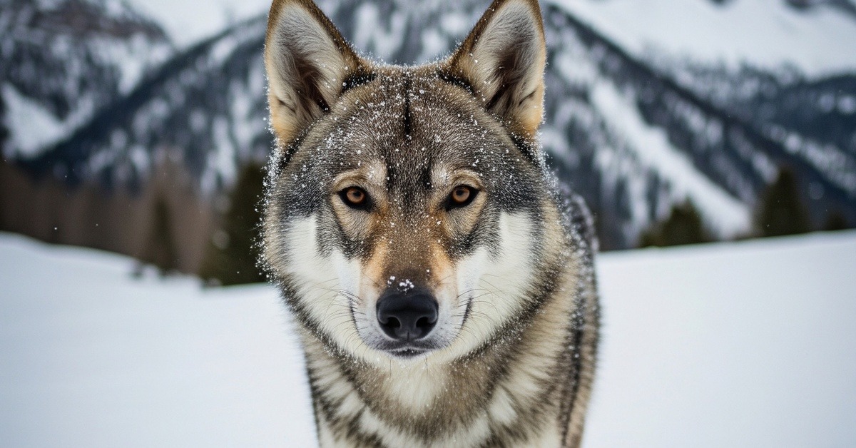 Close portrait of a wolfdog with alert ears in a snow-covered Alpine landscape