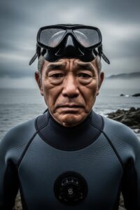 Elderly Japanese man in diving gear descending into dark cold ocean waters off Onagawa Japan