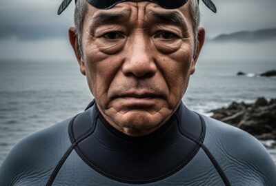 Elderly Japanese man in diving gear descending into dark cold ocean waters off Onagawa Japan