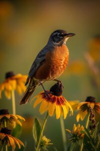 A small songbird perched on a native wildflower stem at golden hour in a meadow