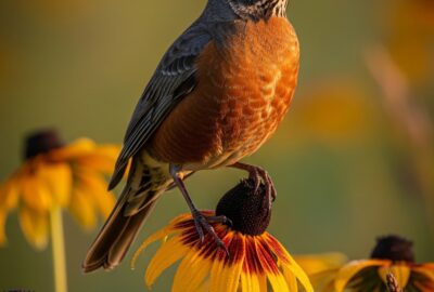 A small songbird perched on a native wildflower stem at golden hour in a meadow