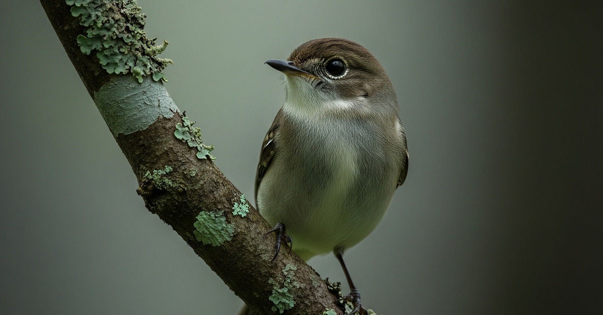 Eastern Wood-Pewee flycatcher resting on a bare branch in dappled forest light