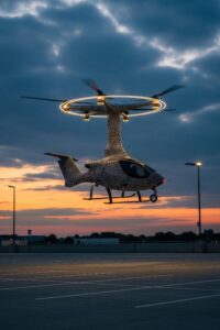 A sleek roadable aircraft lifting off vertically above an empty parking space at dusk