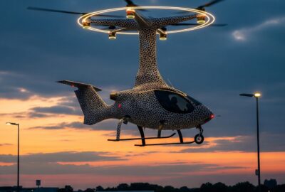 A sleek roadable aircraft lifting off vertically above an empty parking space at dusk