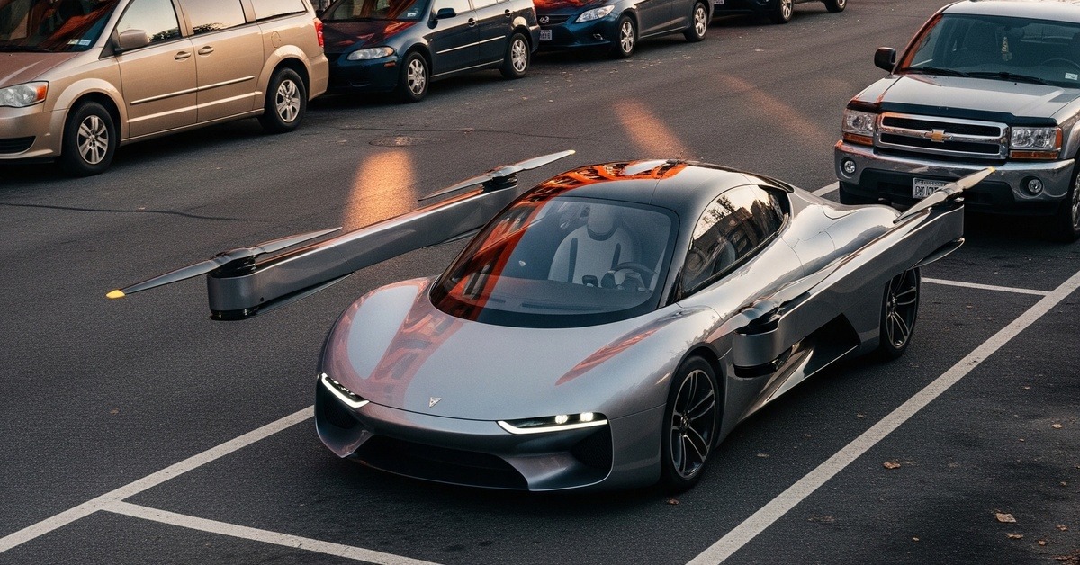 A wide view of a flying car parked in a standard street space among ordinary cars