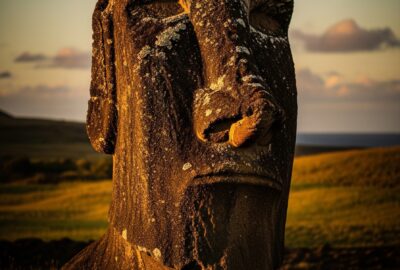 A solitary Easter Island moai statue glowing in dusk side-light, with windswept volcanic grassland and the Pacific Ocean behind.