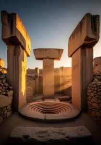 Weathered T-shaped limestone megalithic pillars at Göbekli Tepe in southeastern Turkey at golden hour