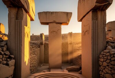 Weathered T-shaped limestone megalithic pillars at Göbekli Tepe in southeastern Turkey at golden hour