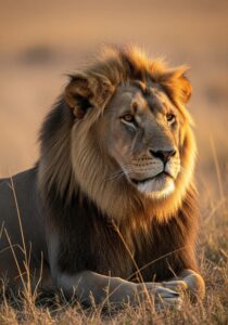 A massive scarred male African lion at golden hour on the Serengeti, mane catching warm side light