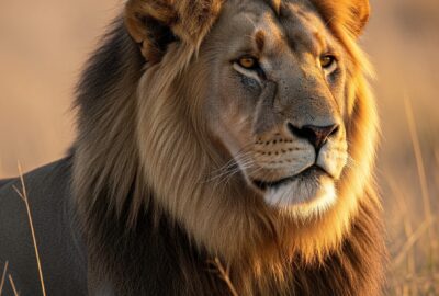 A massive scarred male African lion at golden hour on the Serengeti, mane catching warm side light