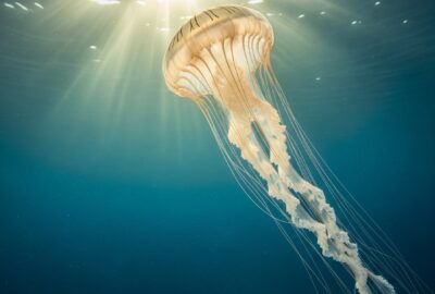 An Australian box jellyfish (Chironex fleckeri) drifting in tropical blue water, its transparent cube-shaped bell glowing as long thin tentacles trail behind it