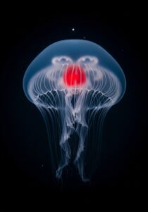 Close-up portrait of the immortal jellyfish Turritopsis dohrnii, translucent bell with a bright red stomach, against dark seawater