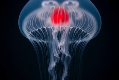 Close-up portrait of the immortal jellyfish Turritopsis dohrnii, translucent bell with a bright red stomach, against dark seawater