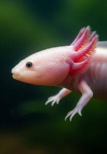 Close-up of an axolotl salamander in clear water showing its limbs and feathery external gills, the species famous for full limb regeneration
