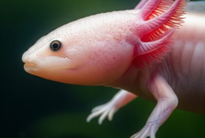 Close-up of an axolotl salamander in clear water showing its limbs and feathery external gills, the species famous for full limb regeneration
