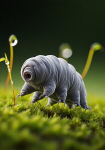 Extreme macro close-up of a tardigrade (water bear) on green moss