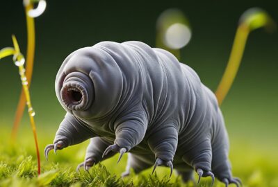 Extreme macro close-up of a tardigrade (water bear) on green moss