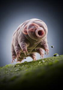 Extreme close-up microscope portrait of a tardigrade (water bear), showing its segmented body and eight clawed legs against a soft scientific background.