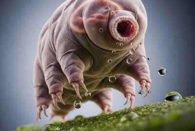 Extreme close-up microscope portrait of a tardigrade (water bear), showing its segmented body and eight clawed legs against a soft scientific background.