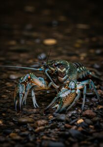 A marbled crayfish on a dark riverbed substrate, its mottled blue-grey shell catching dim light — the only crustacean known to reproduce entirely by cloning.