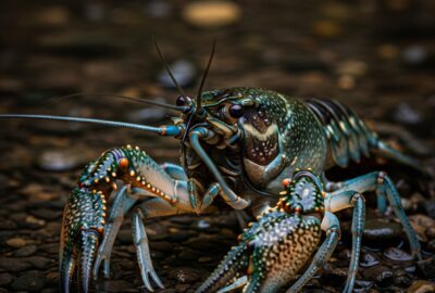 A marbled crayfish on a dark riverbed substrate, its mottled blue-grey shell catching dim light — the only crustacean known to reproduce entirely by cloning.