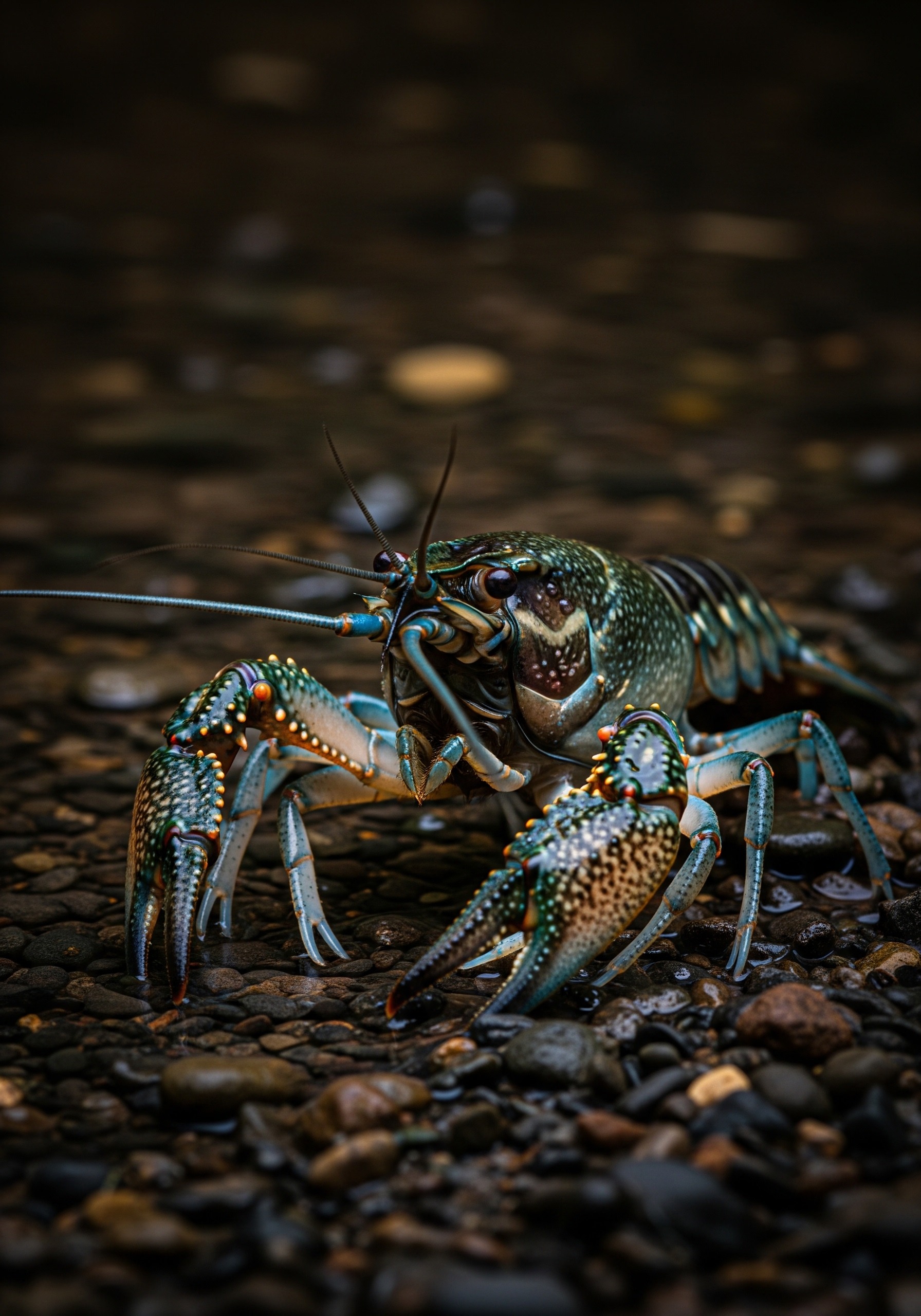 A marbled crayfish on a dark riverbed substrate, its mottled blue-grey shell catching dim light — the only crustacean known to reproduce entirely by cloning.