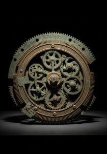 Photorealistic museum still life of the corroded green-bronze Antikythera Mechanism main fragment under a dramatic singl