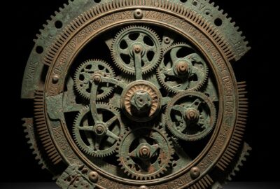 Photorealistic museum still life of the corroded green-bronze Antikythera Mechanism main fragment under a dramatic singl