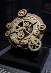 Photorealistic close-up of the corroded bronze Antikythera Mechanism resting on dark velvet in a museum display, dramati