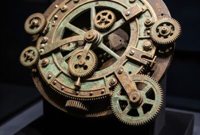 Photorealistic close-up of the corroded bronze Antikythera Mechanism resting on dark velvet in a museum display, dramati