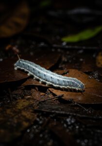 Close-up of a velvet worm on wet rainforest leaf litter, showing its blue-grey segmented body and stubby legs.