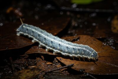 Close-up of a velvet worm on wet rainforest leaf litter, showing its blue-grey segmented body and stubby legs.