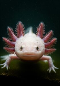 A pale leucistic axolotl with feathery pink external gills and a wide gentle face, photographed underwater against a dark background