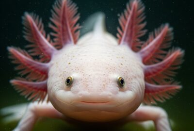 A pale leucistic axolotl with feathery pink external gills and a wide gentle face, photographed underwater against a dark background