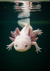 Close-up portrait of a pale pink axolotl with feathery external gills, suspended in clear water