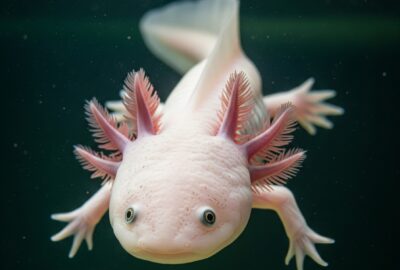 Close-up portrait of a pale pink axolotl with feathery external gills, suspended in clear water