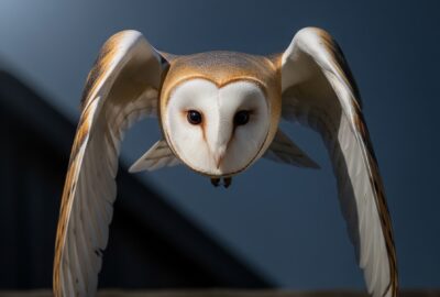 A pale barn owl with a white heart-shaped face flying silently through a moonlit barn at night