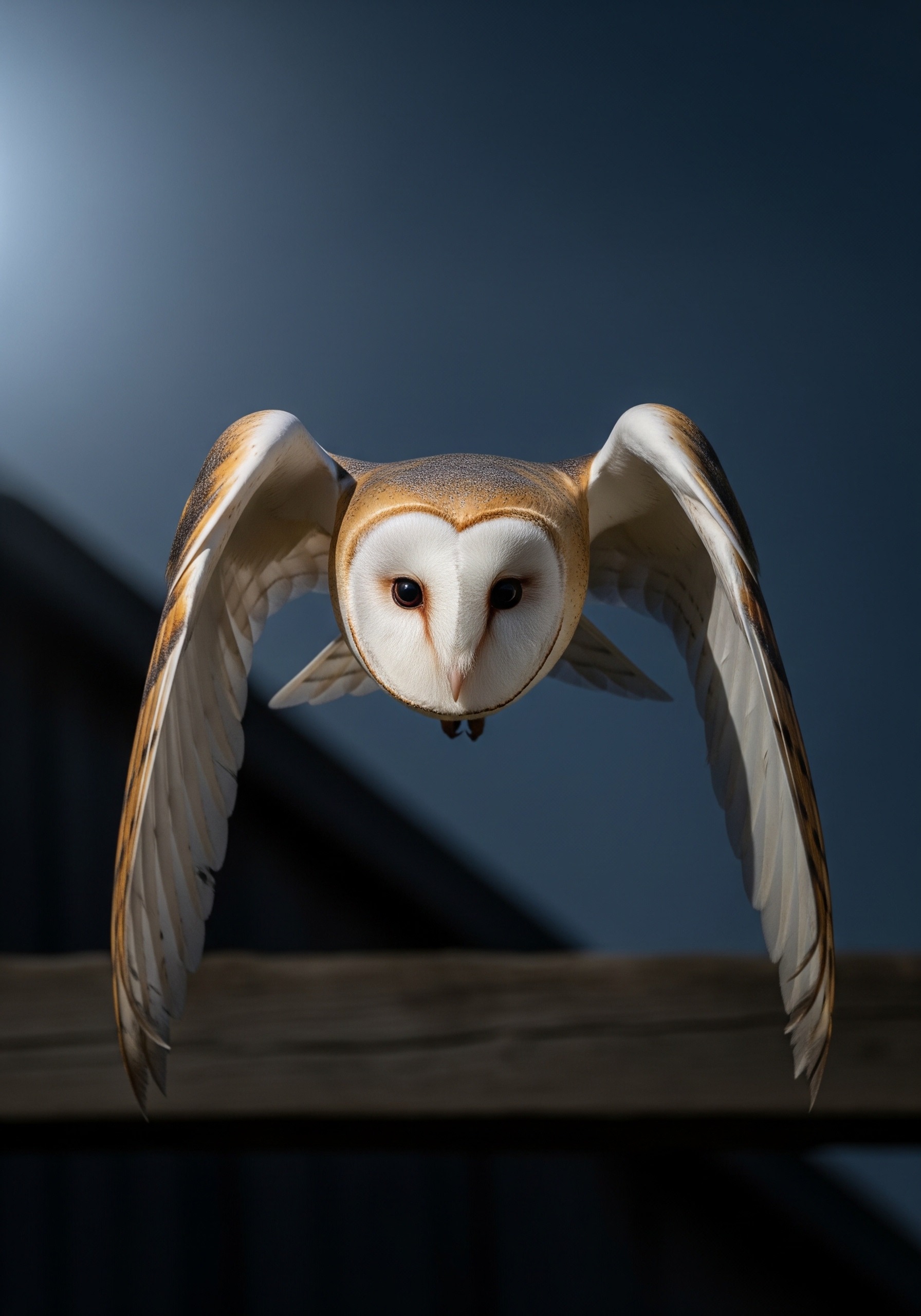 A pale barn owl with a white heart-shaped face flying silently through a moonlit barn at night