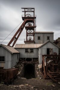 The steel headframe and weathered buildings of an old gold mine against an overcast Tasmanian sky
