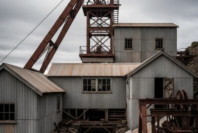 The steel headframe and weathered buildings of an old gold mine against an overcast Tasmanian sky