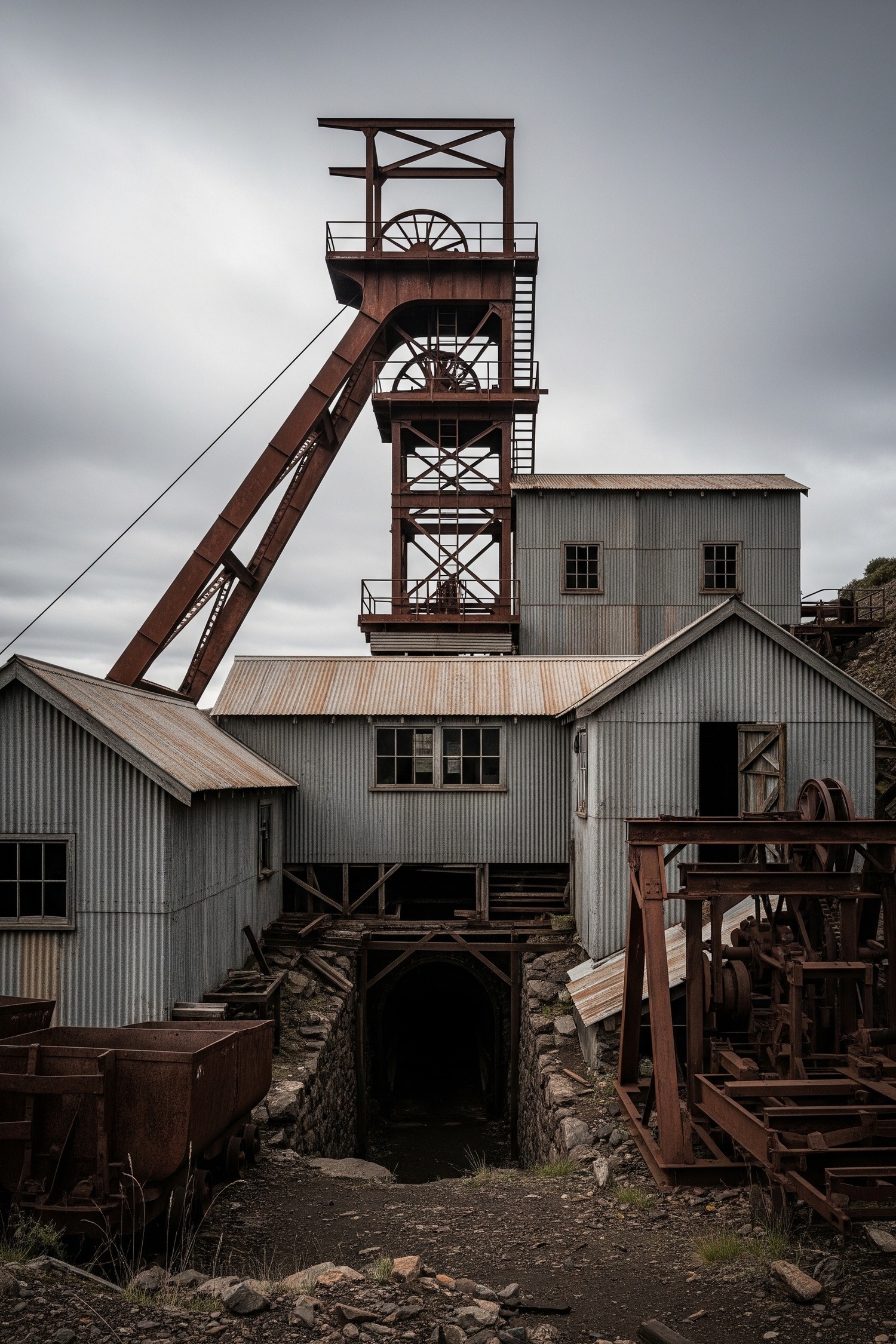 The steel headframe and weathered buildings of an old gold mine against an overcast Tasmanian sky