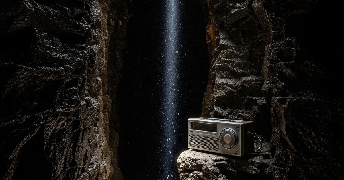 A narrow dark rock cavity deep underground lit by a single bore-hole shaft of light from above
