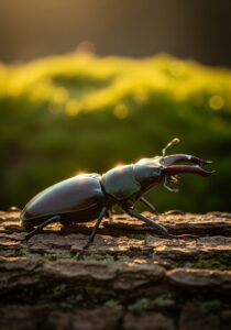 Close-up of an iridescent stag beetle on tree bark in dramatic natural sunlight, showing its hard front wings (elytra) and large mandibles.