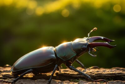 Close-up of an iridescent stag beetle on tree bark in dramatic natural sunlight, showing its hard front wings (elytra) and large mandibles.